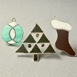 Set of 3 Handmade Leaded Stained Glass Christmas Ornaments Suncatcher Vintage